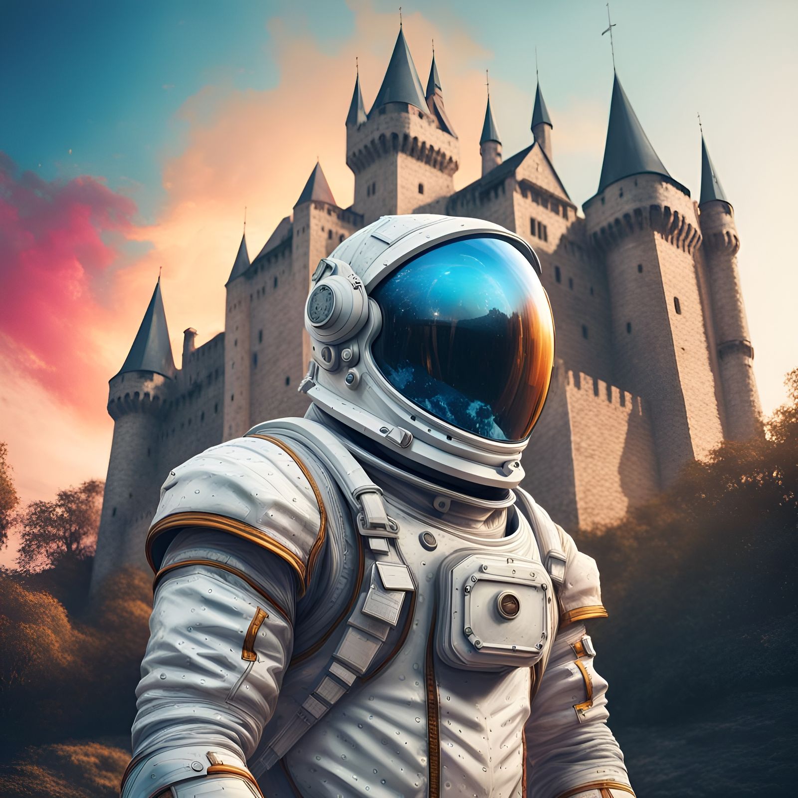 Astronaut in Medieval Castle: Hyperrealistic Concept Art