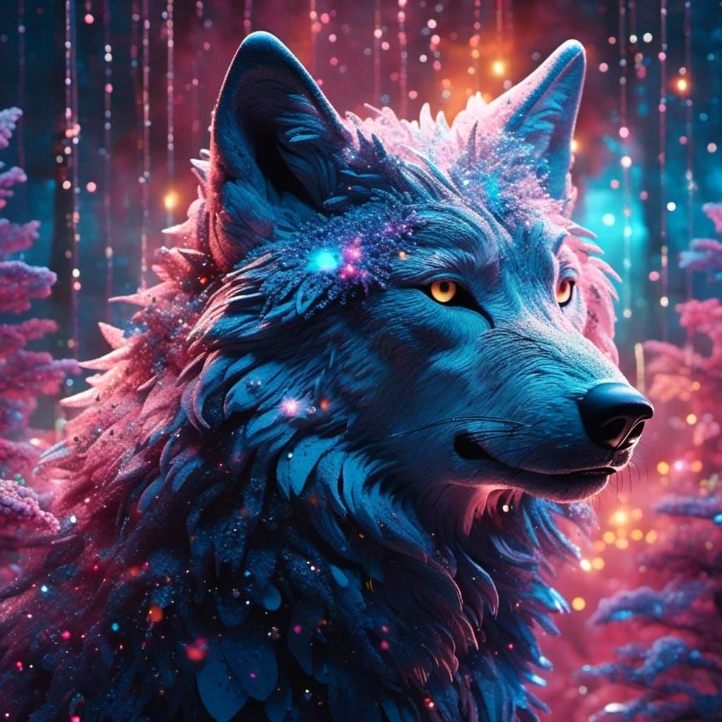 Galaxy Wolf Silhouette in Double Exposure Style