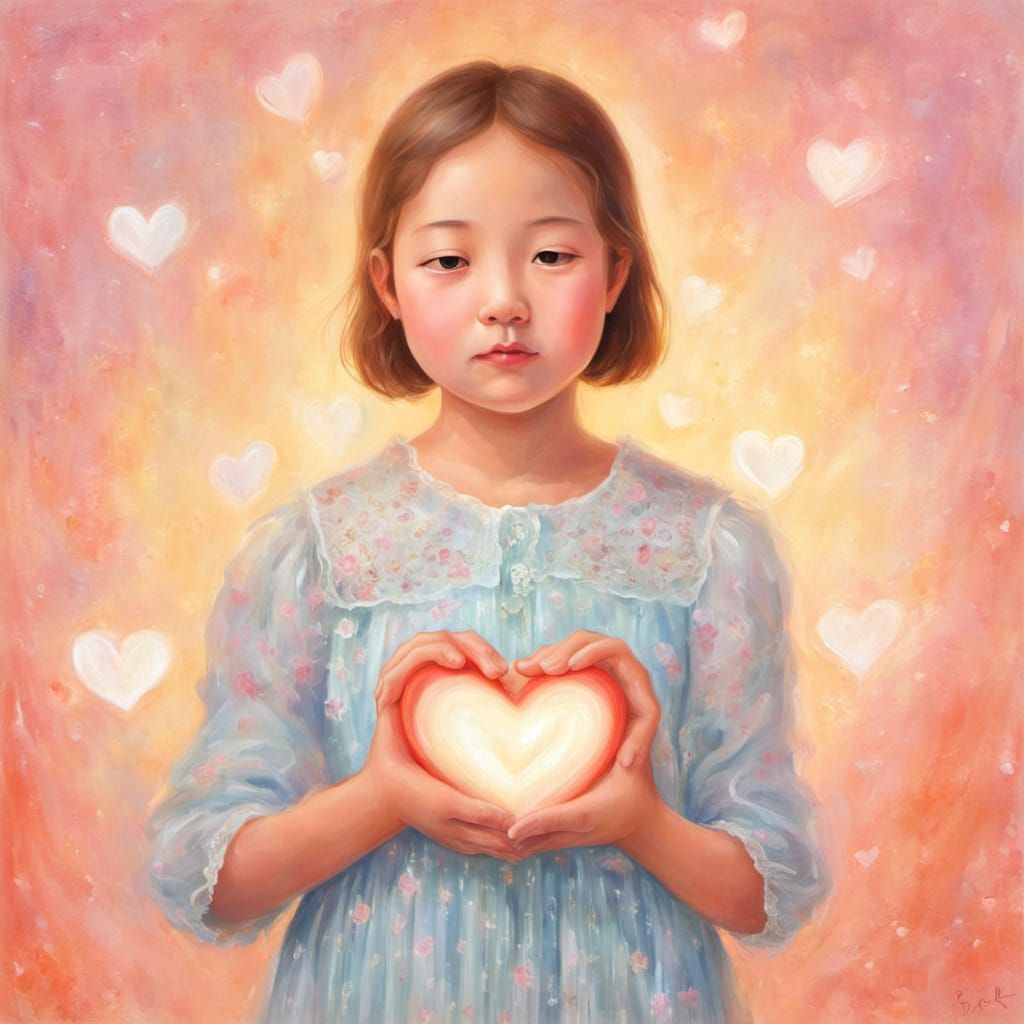 Girl Offering Heart in Vibrant Oil Painting