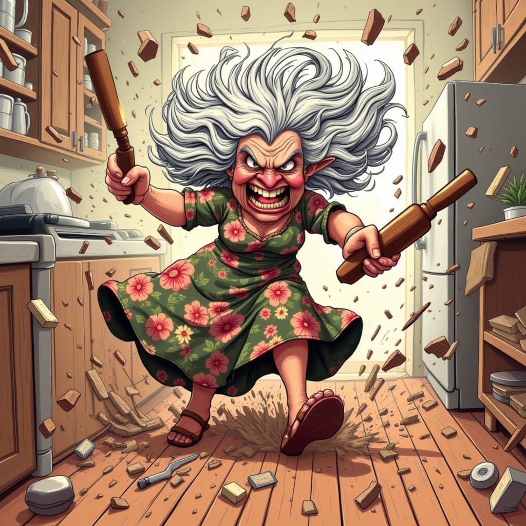 Humorous Grandma Rampage in Kitchen with Rolling Pin