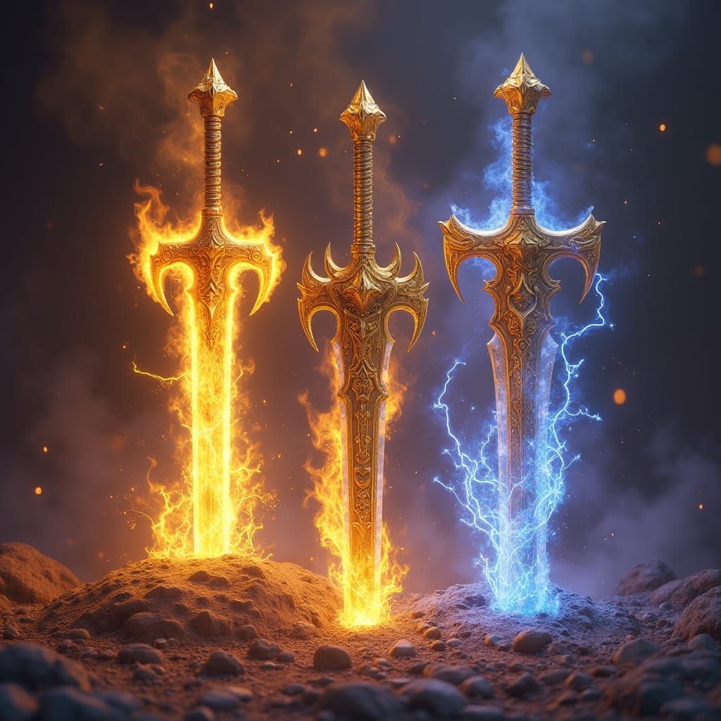 Realistic Golden Weapons of Ninjago in Dark Fantasy Style