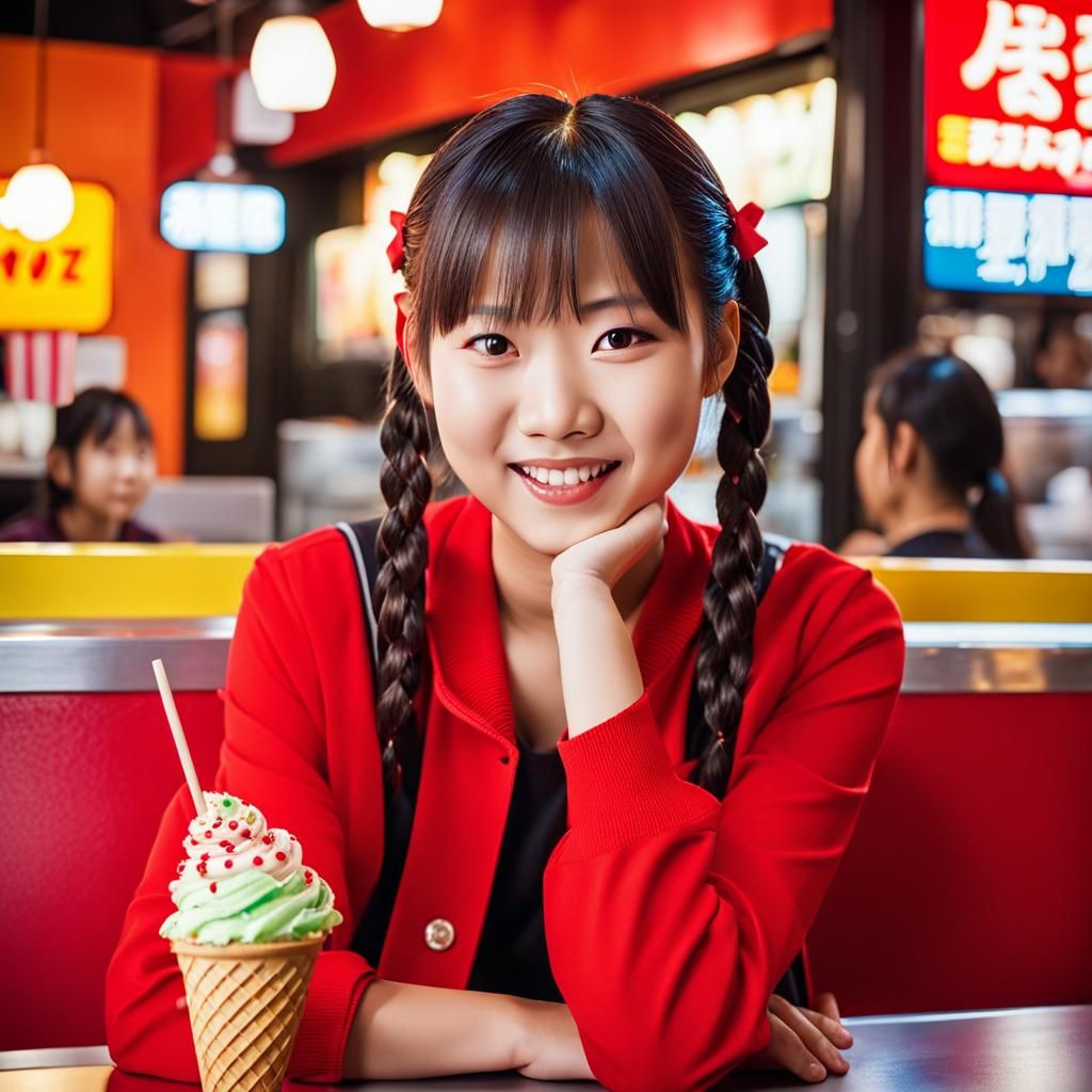 Anime Woman Enjoys Ice Cream in Fast Food Restaurant