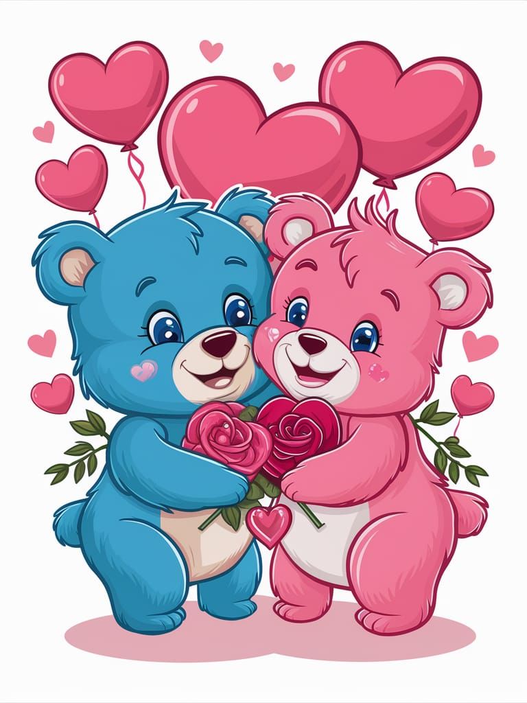 Valentines day card, a blue bear and a pink bear holding ros...