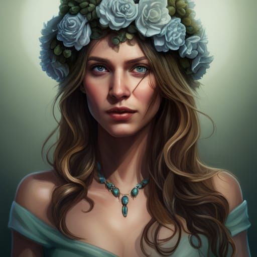 Fantasy Woman Portrait with Flower Crown, Detailed Art