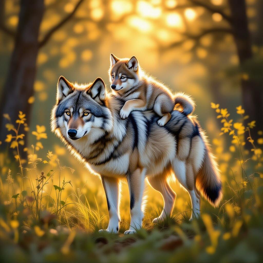 Tender Wolf Family Moment in Sunlit Forest