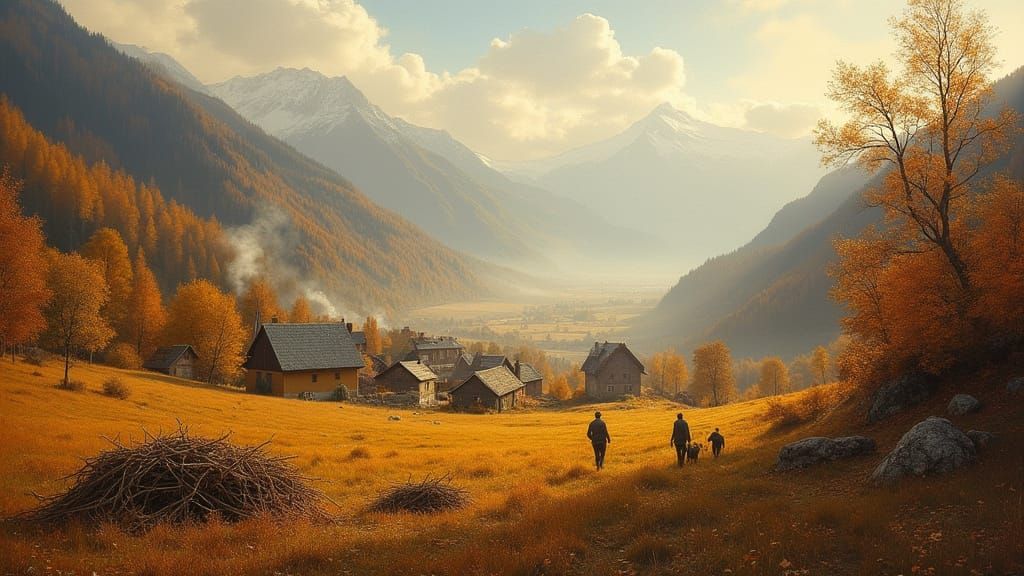 Golden Autumn in Swiss Alpine Valley, Oil Painting Style