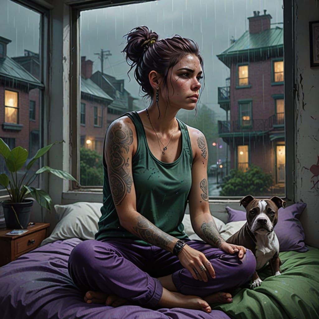 Moody Woman with Tattoos and Pitbull in Rainy Bedroom