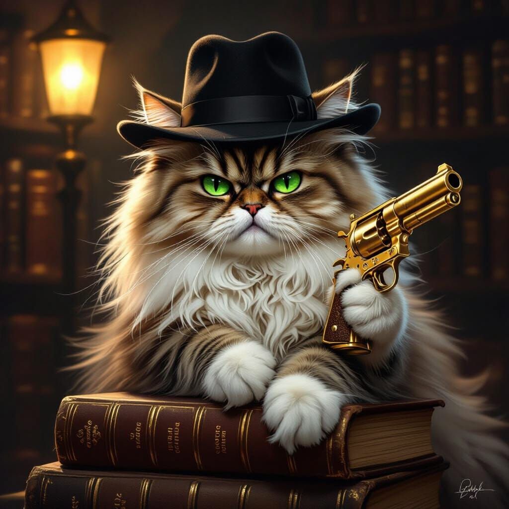 Fluffy Persian Cat with Fedora and Revolver