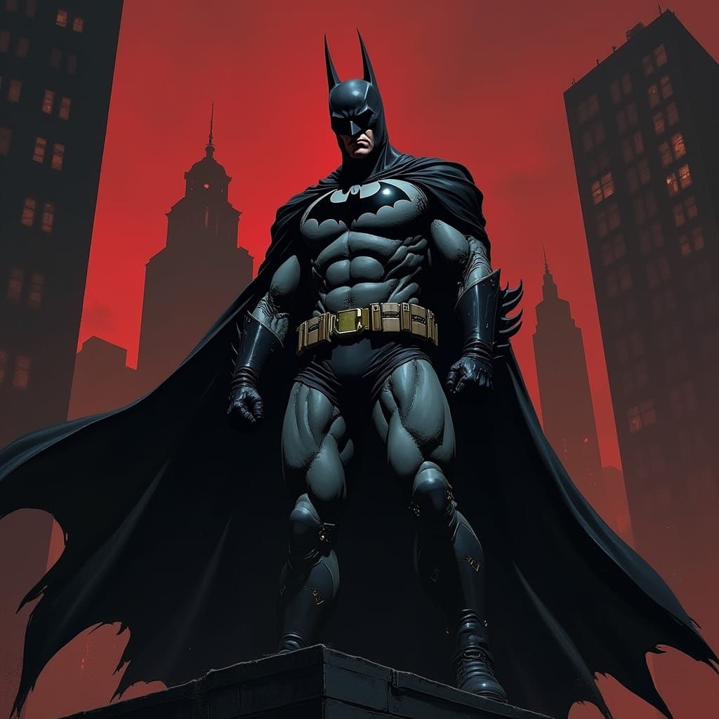 Batman in Dark, Grim Metal Tactical Armor Stands Vigilant in...