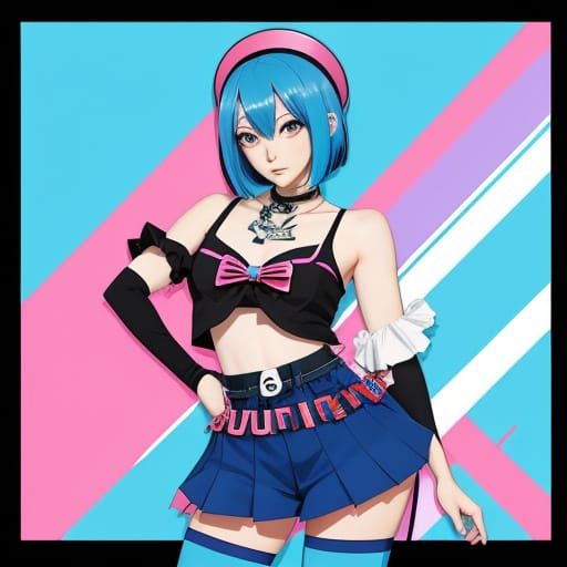 Attractive Anime Girl with Blue Hair in Trendy Bob Clothes