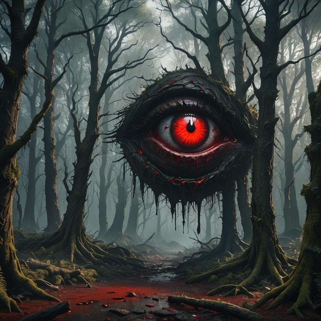 Horrifying Eye Crying Blood in Dark Forest