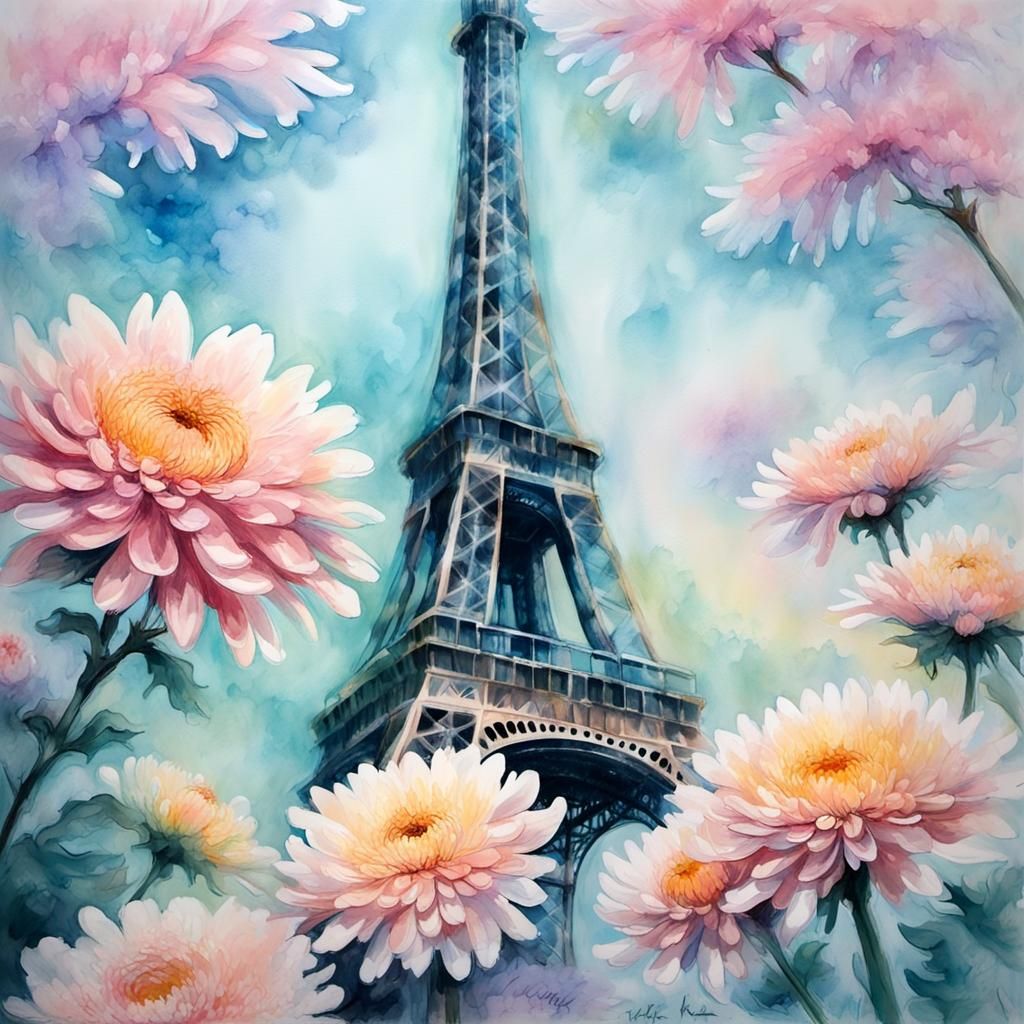 Eiffel Tower with Chrysanthemums in Impressionist Style