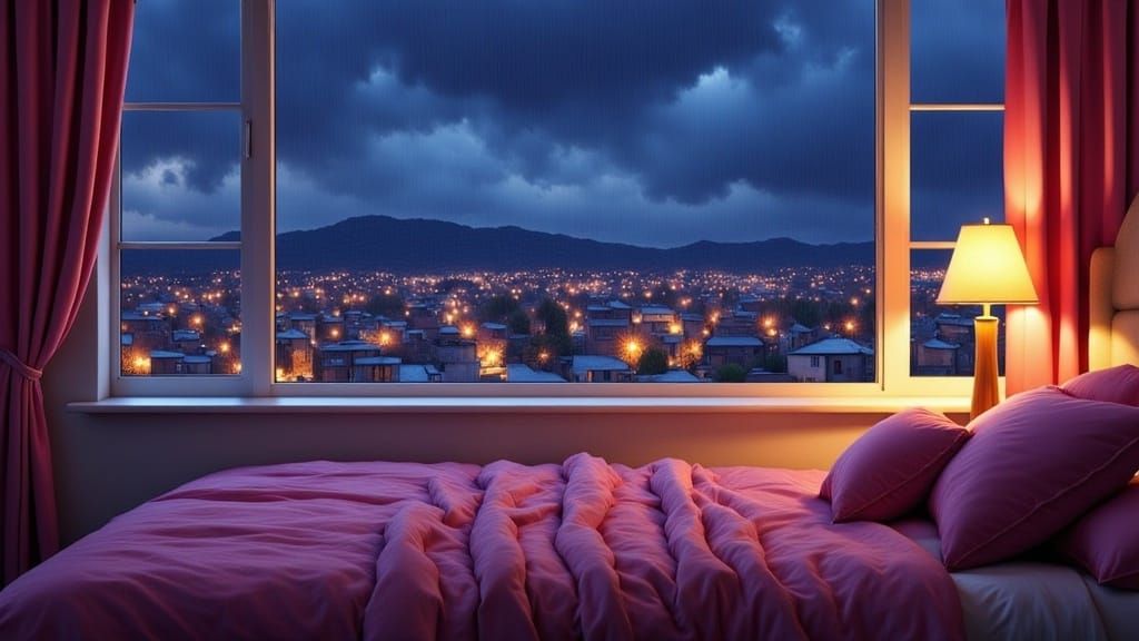 Cozy Rainy Night Bedroom in Pastel Colors