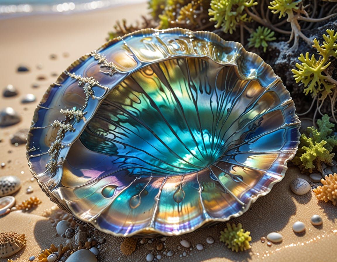 Opalescent Abalone Shell on Seaweed Beach