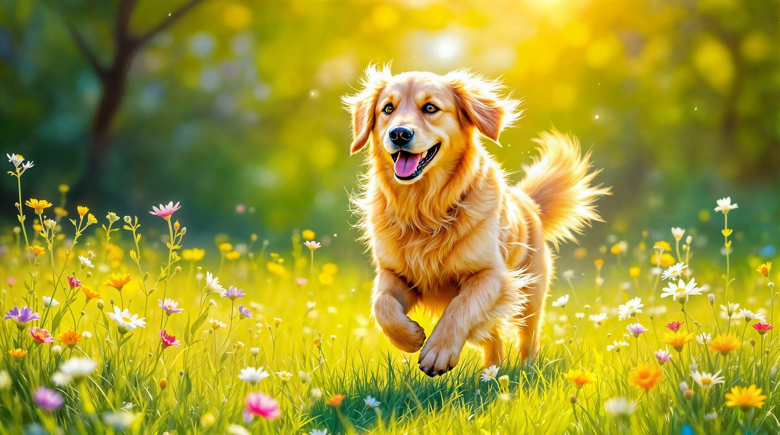 Golden Retriever Joyfully Plays in a Sunny Field of Wildflow...