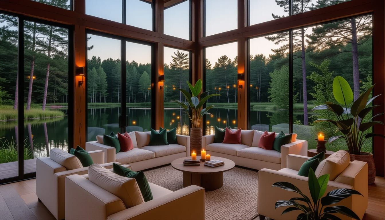 Cozy Cabin Living Room at Dusk, Photorealistic Style