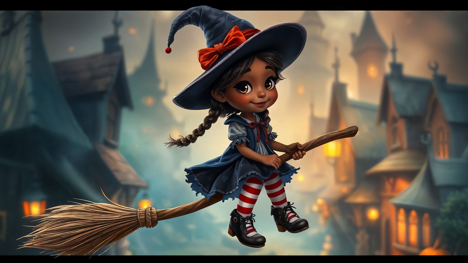Whimsical Witch Rides Broomstick in Magical Village