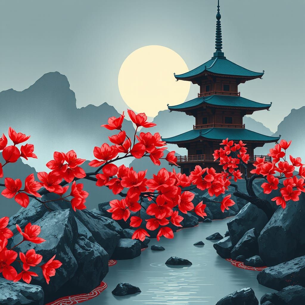Stylized Asian Pagoda Amidst Serene Cherry Blossom Landscape