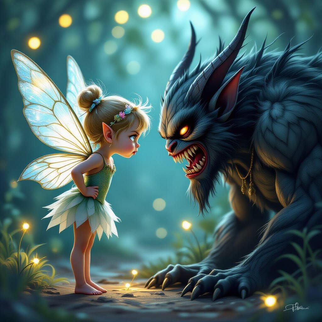 Fairy Confronts Monster in Comic Book Style