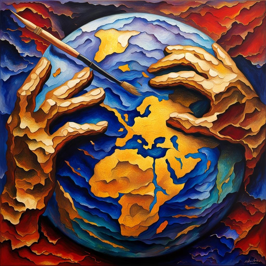 Kintsugi Earth Repaired by Gods in Impasto Style