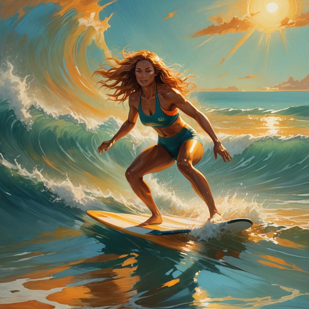 Woman Surfing the Sun in Art Nouveau Style