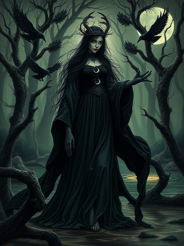 The Morrigan in Dark Forest with Crows