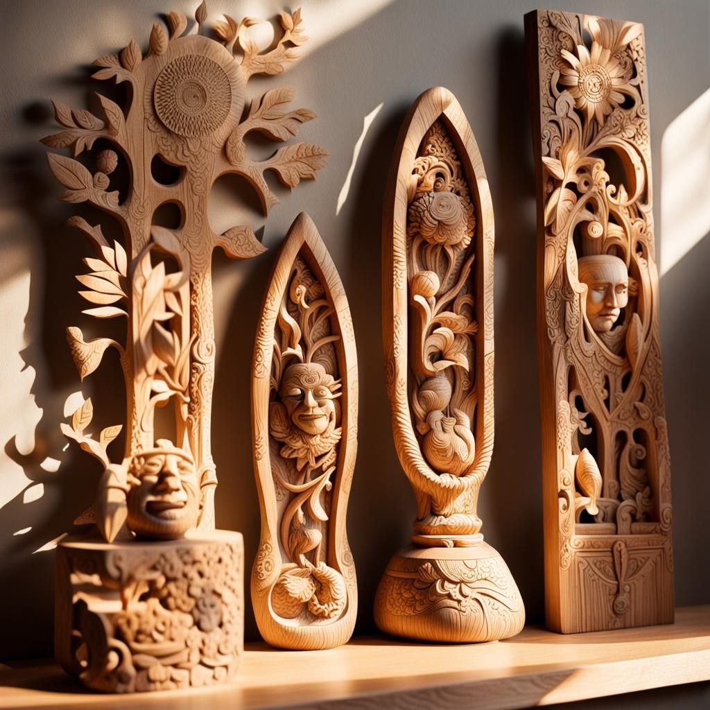 Sunlit Wooden Carvings in Studio
