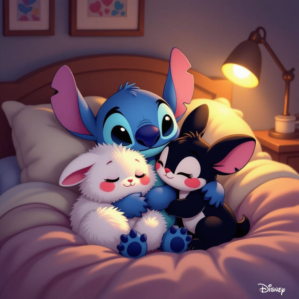 Stitch and Kuromi Snuggling in Cozy Digital Art