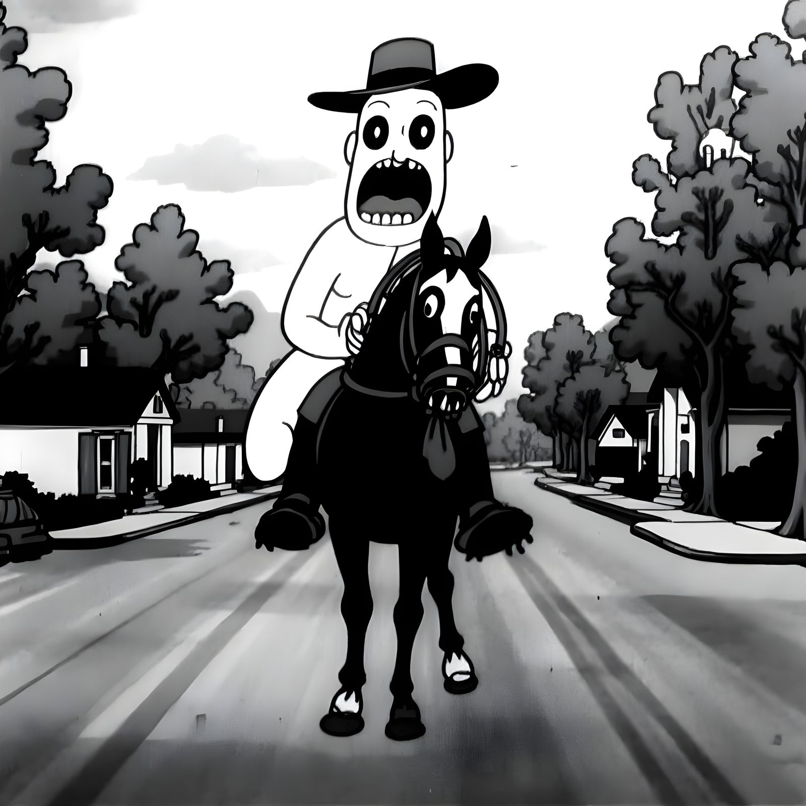 Ghost Cowboy Rides Through Suburbia in 1930s Cartoon Style