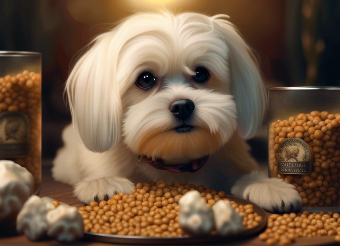 Maltese Dog Eating Food: Digital Matte Painting