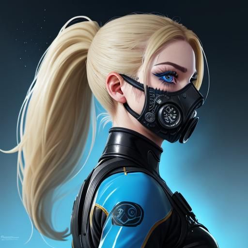 Hyperrealistic Woman with Gasmask and Blonde Ponytail