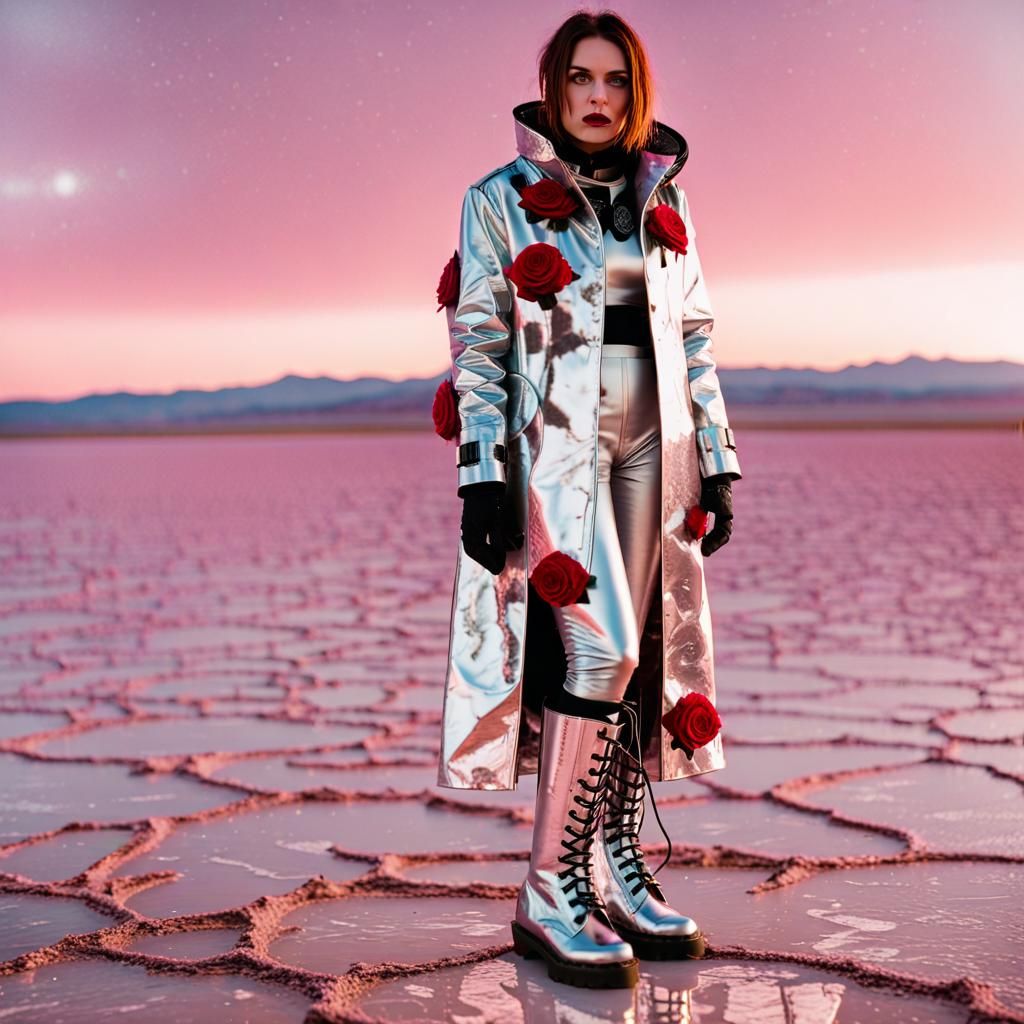 Futuristic Fashion on Salt Flats at Sunset