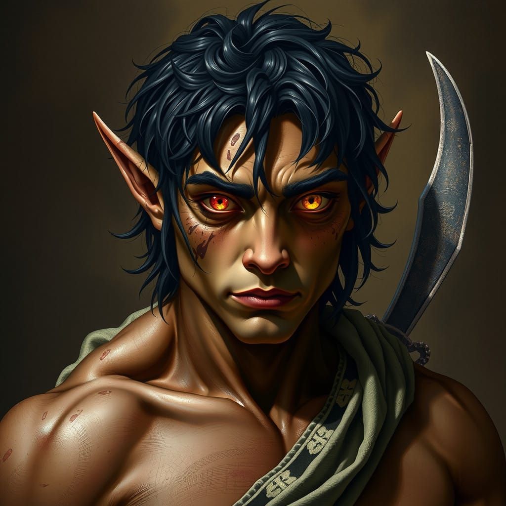 Greek Heroic Elf with Battle-Scarred Face and Contrasting Ey...