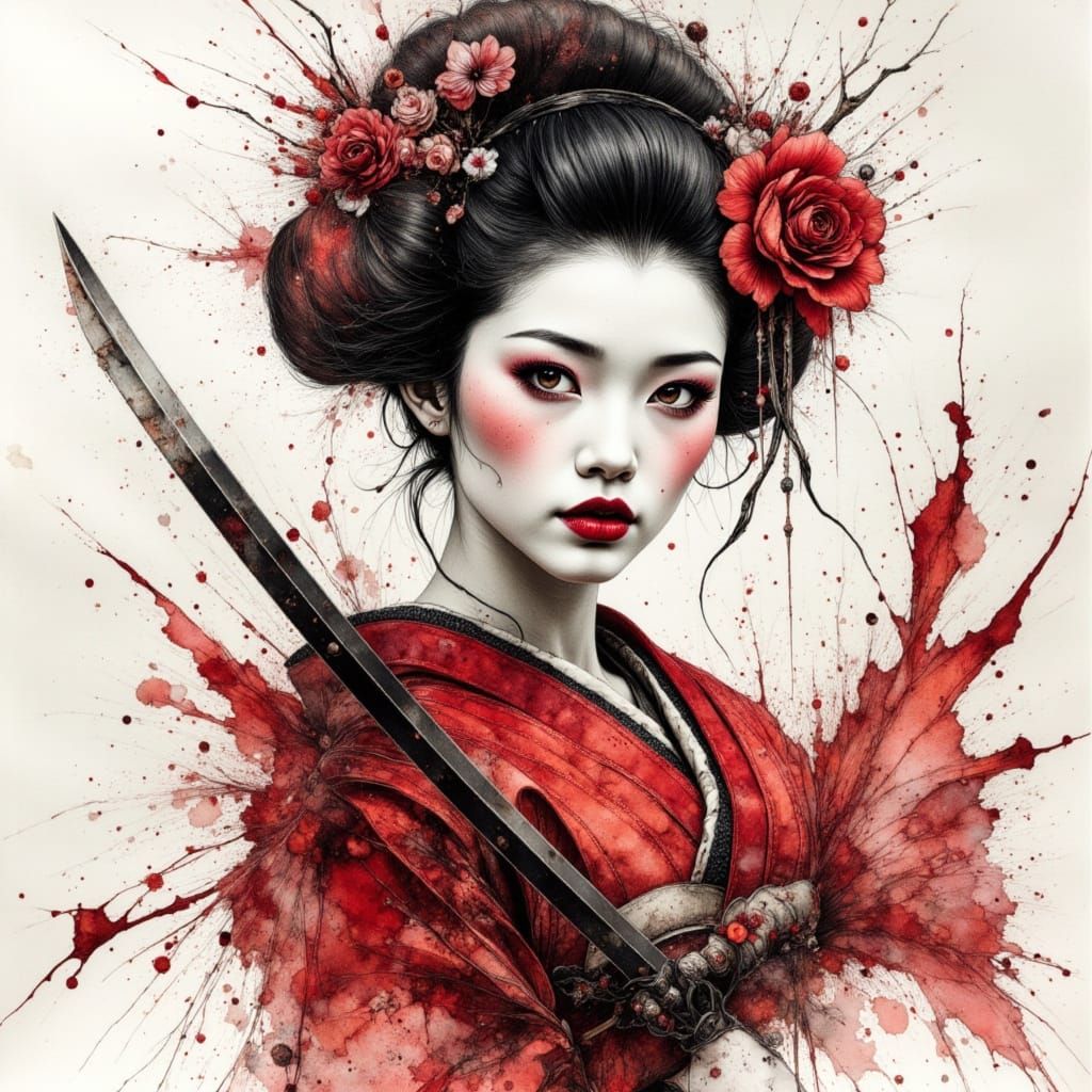 Geisha With Katana In Dynamic Ink Style