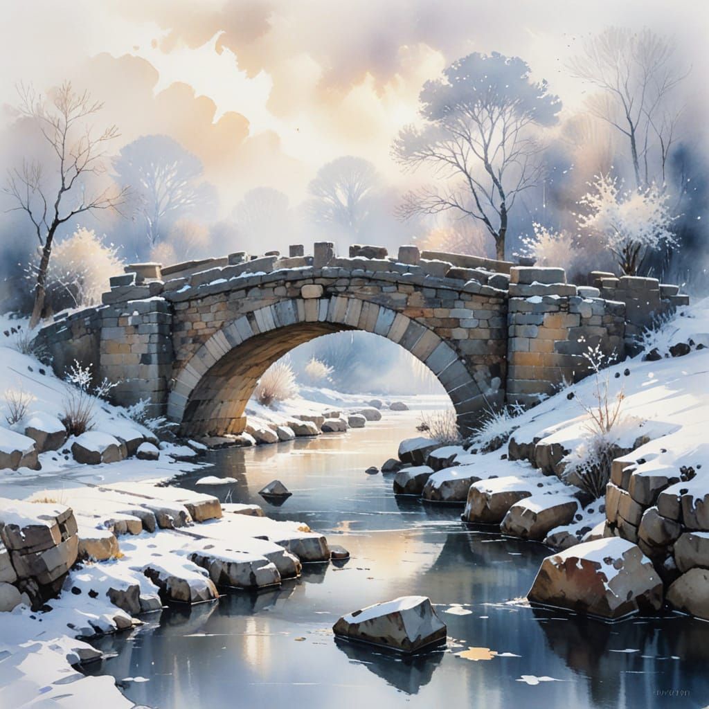 Stone Bridge Over Frozen River in Watercolour Style