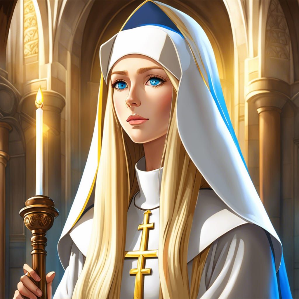 Anime Nun in Stone Church Interior