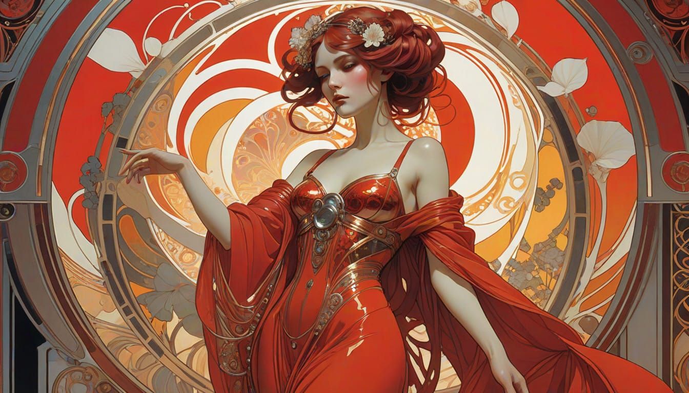 Red Art Nouveau Goddess in Dreamlike Syrup Scene