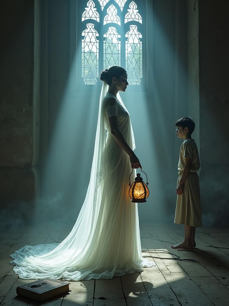 Ethereal Woman in Mystical Chamber with Boy