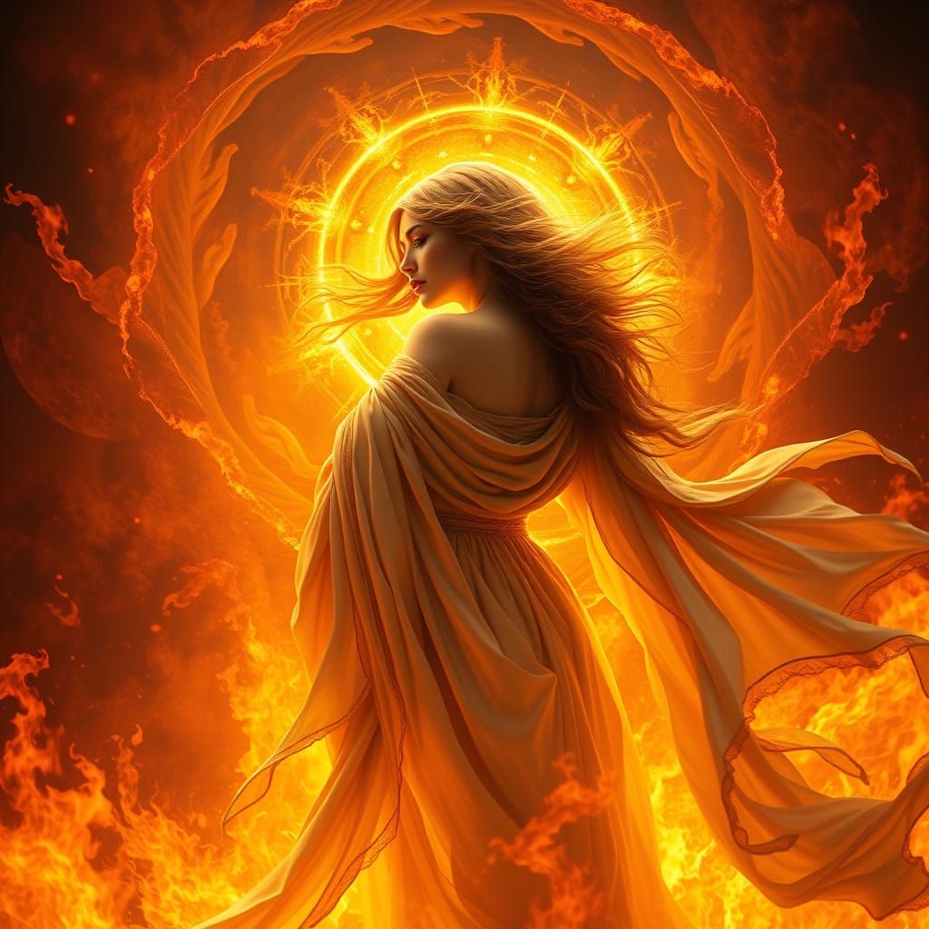 Elegant Woman Rises from Flames in a Golden Halo