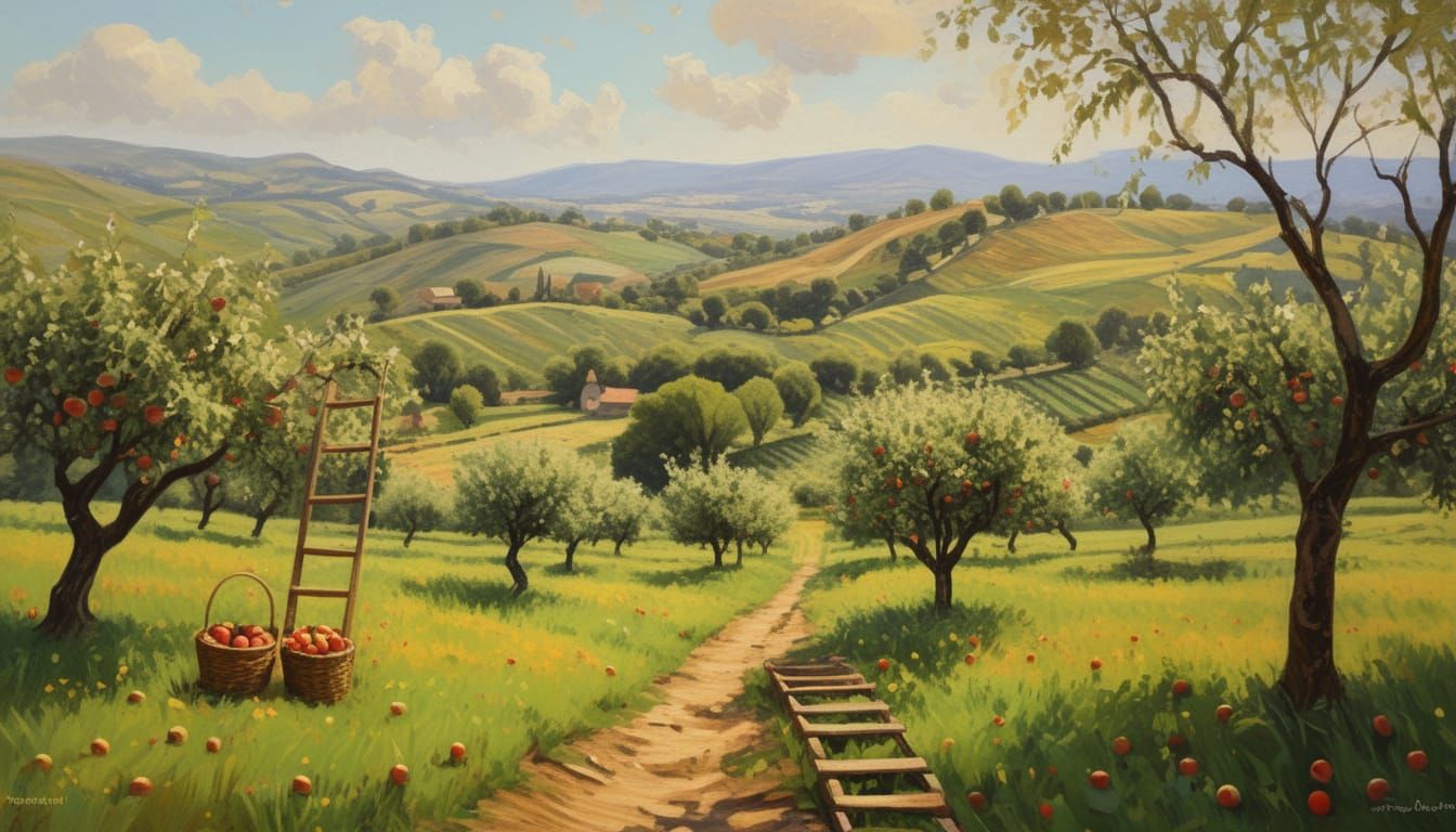 Wholesome Countryside Orchard Oil Painting