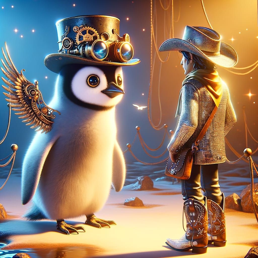 Steampunk Penguin and Rhinestone Cowboy Encounter