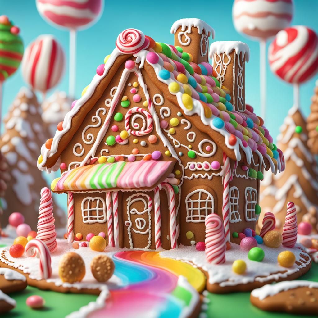 Hyperrealistic Candy Art Gingerbread House Digital Illustrat...