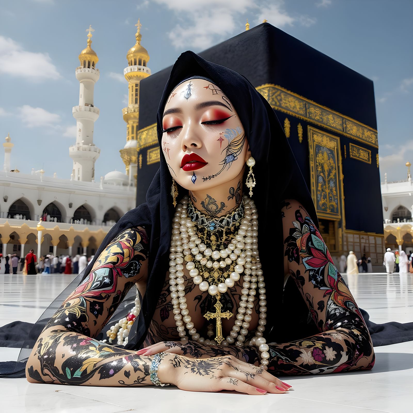 Woman with Pearl Body Chain in Front of the Ka'bah