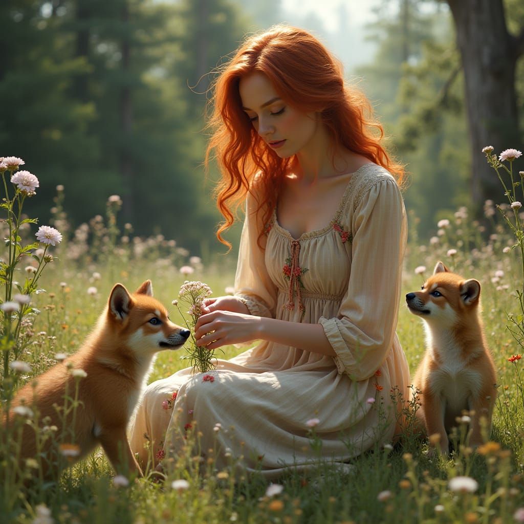 Woman with Wolf Pups in Hyperrealistic Style