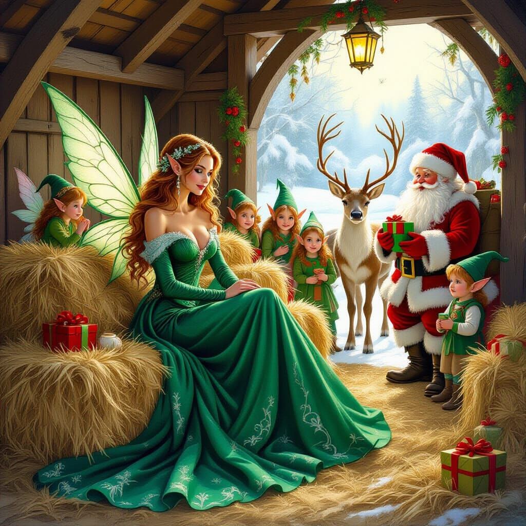 Fantasy Stable Scene: Woman, Elves, Goblins, and Santa