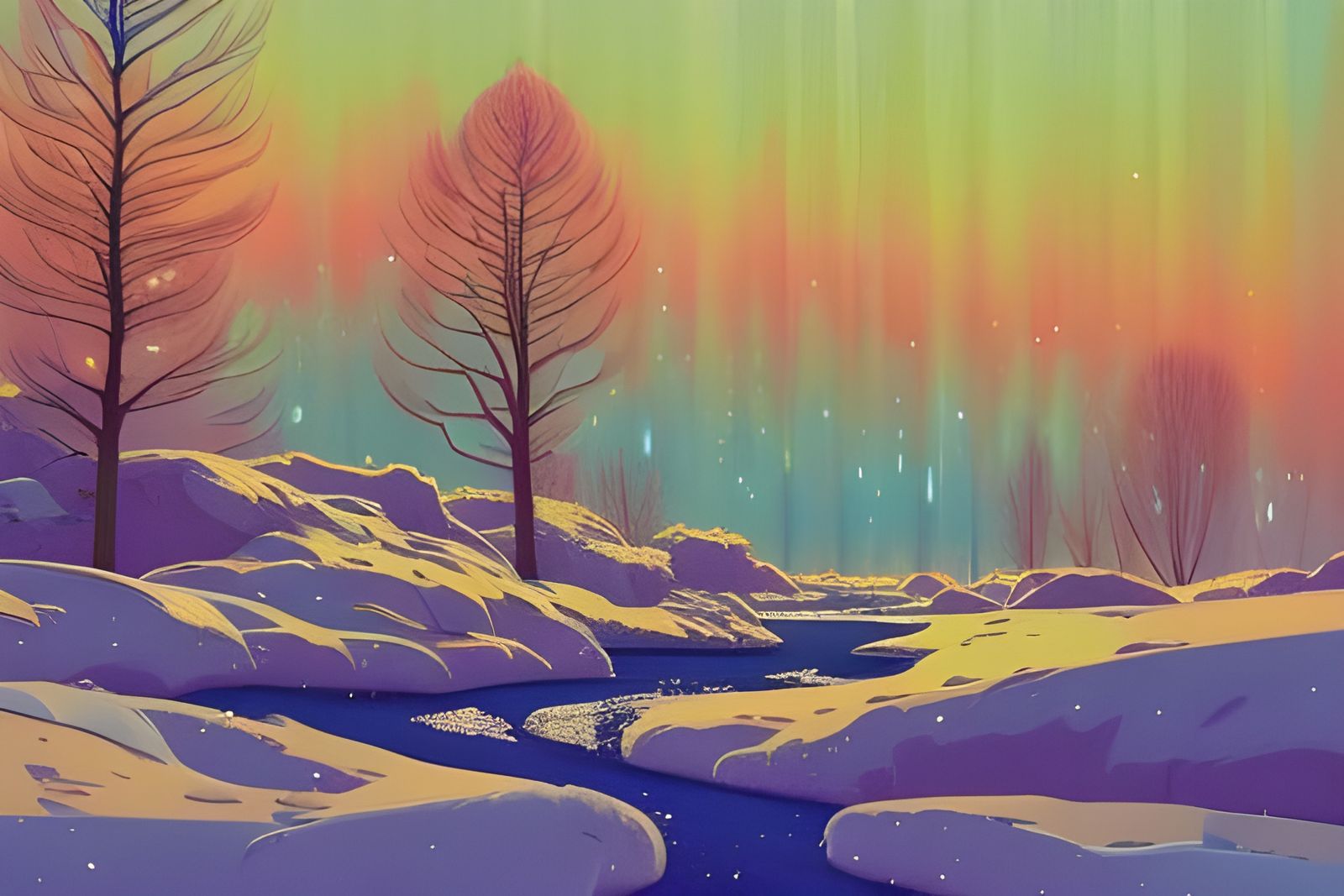Abstract Winter Landscape with Aurora Borealis