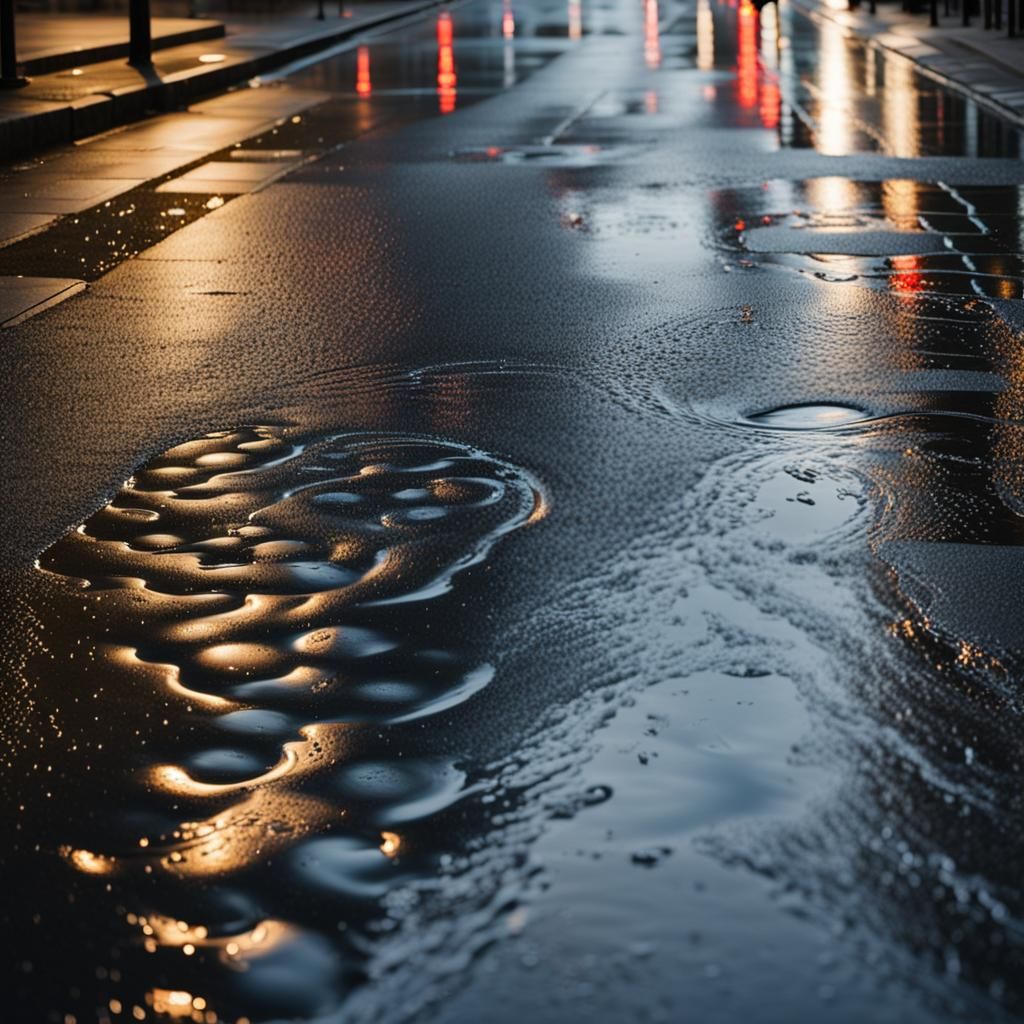 Reflections on Wet Pavement in Rainy Cityscape