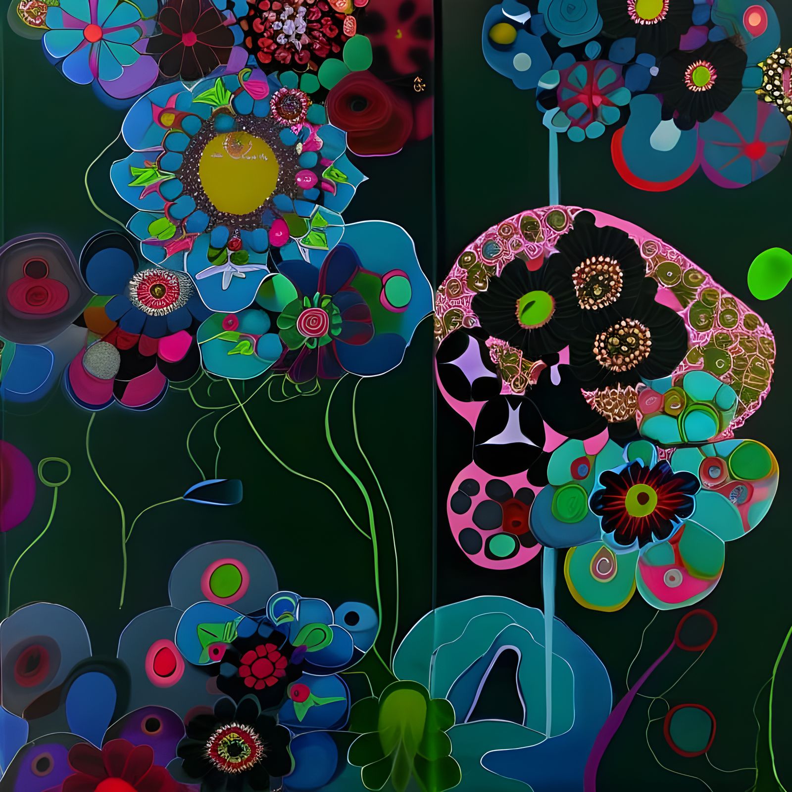 Psychedelic Flowers and Winding Road in Vibrant Colors