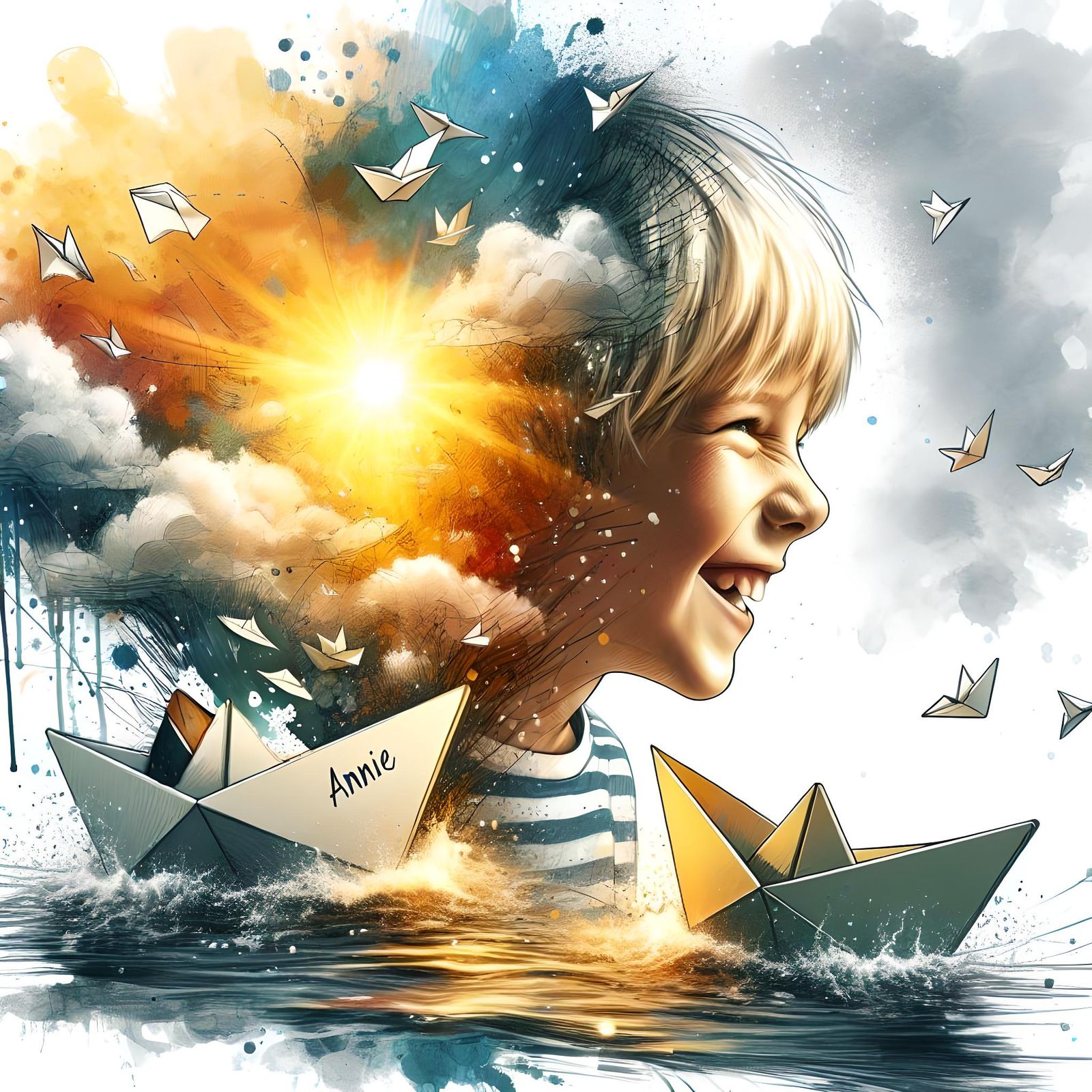 Paper Boats in Stream: Colored Hyperreal Illustration