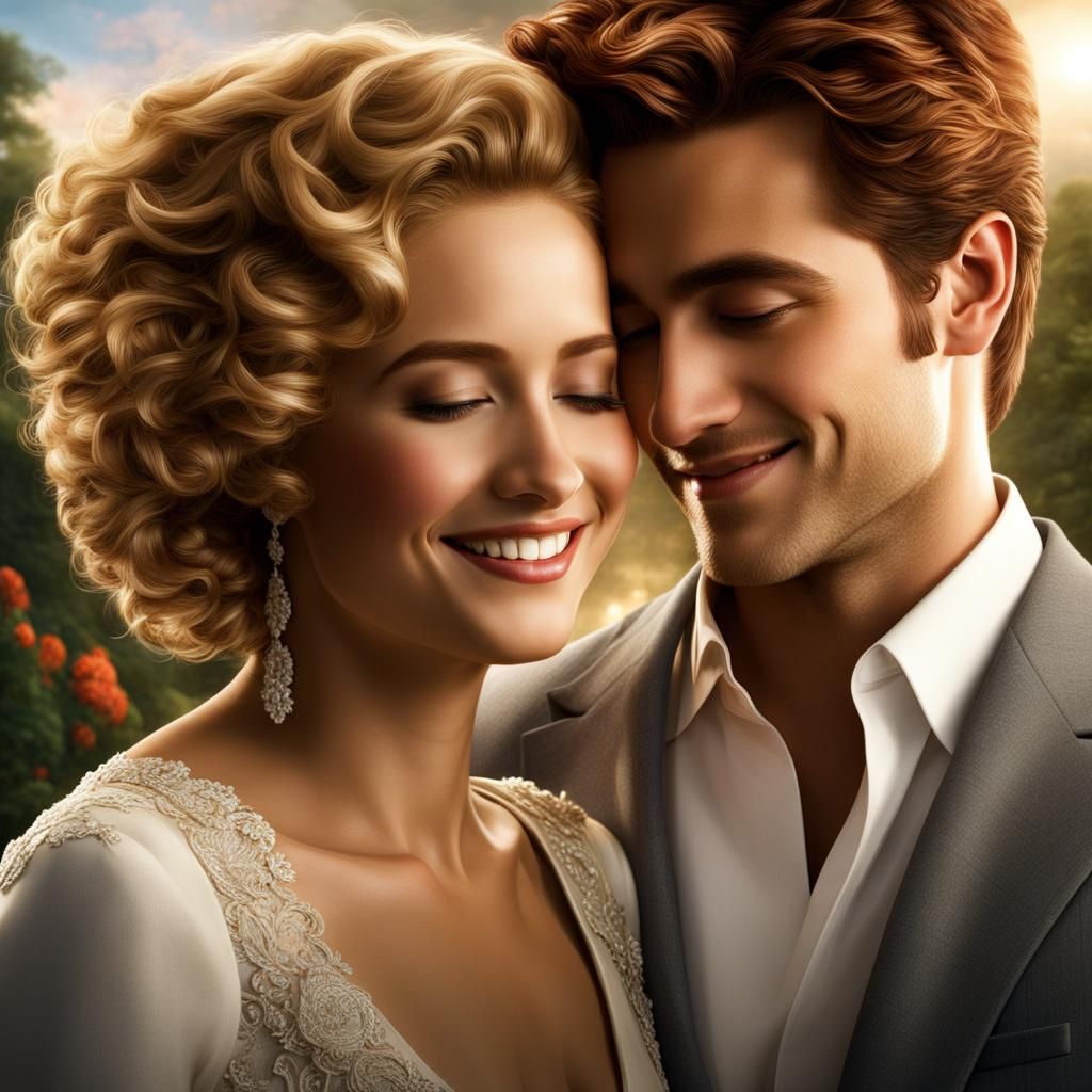 elegant young white couple embrace, joy, extatic, smiles, ha...